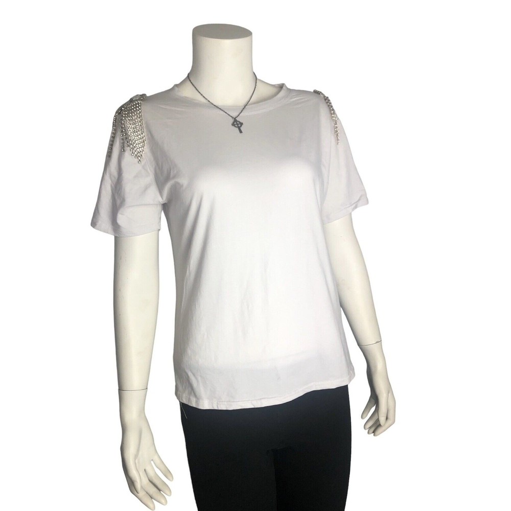 Women's Short Sleeve T-shirt White with decorative metallic shoulder Sz S